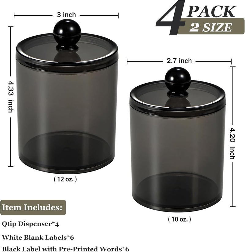 SheeChung 4 Pack Plastic Acrylic Bathroom Vanity Countertop Canister Jars with Storage Lid, Apothecary Jars Qtip Holder Makeup Organizer for Cotton Balls,Swabs,Pads,Bath Salt(Black, 10&12oz) - Image 3