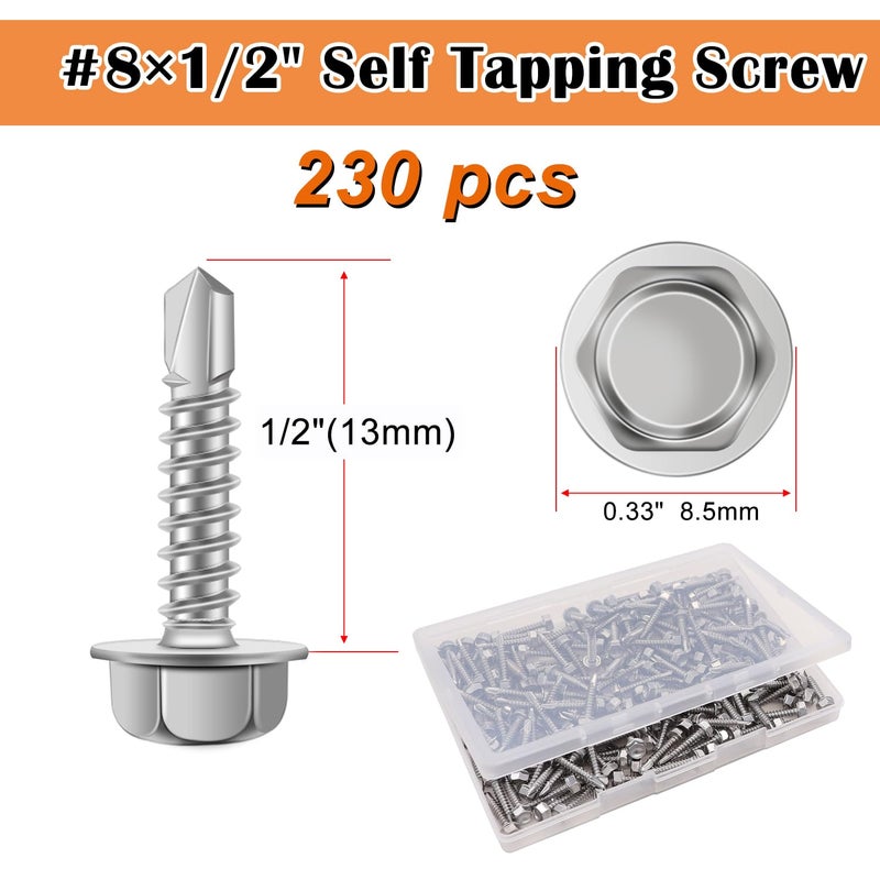 weideer 230pcs #8×1/2" Self Tapping Screws for Metal, 410 Stainless Steel Hex Washer Head Sheet Metal Screws,Quick Tapping Screw with Screwdriver Bit K-132-13-230P-W - Image 2