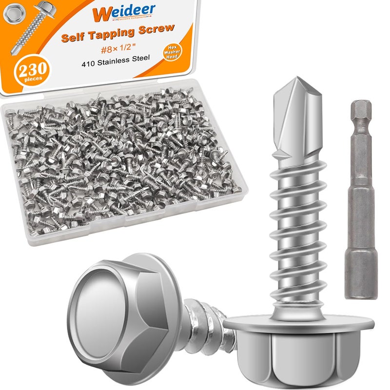 weideer 230pcs #8×1/2" Self Tapping Screws for Metal, 410 Stainless Steel Hex Washer Head Sheet Metal Screws,Quick Tapping Screw with Screwdriver Bit K-132-13-230P-W - Image 1