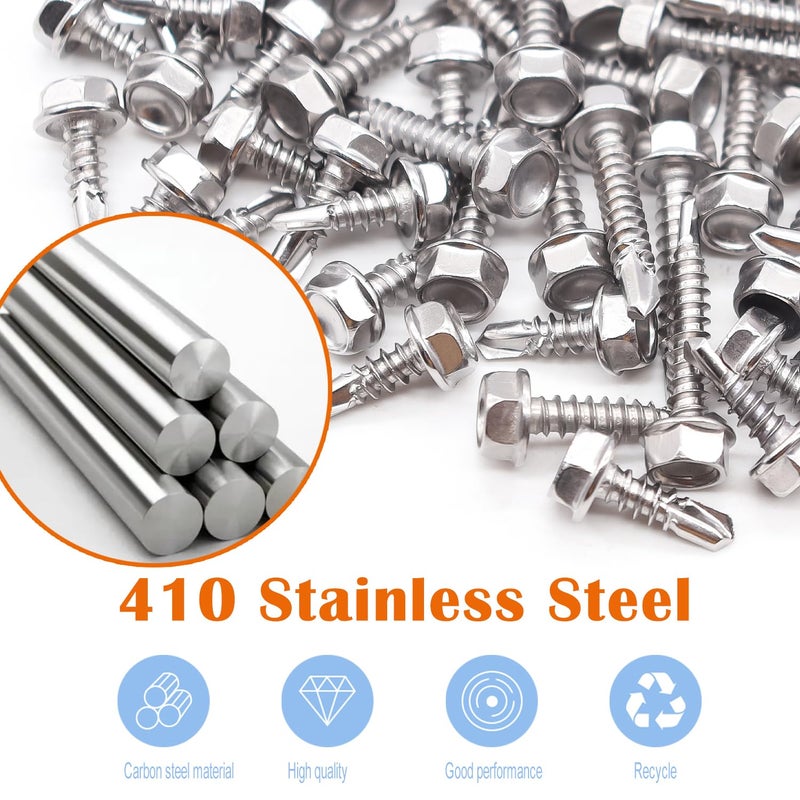 weideer 230pcs #8×1/2" Self Tapping Screws for Metal, 410 Stainless Steel Hex Washer Head Sheet Metal Screws,Quick Tapping Screw with Screwdriver Bit K-132-13-230P-W - Image 3