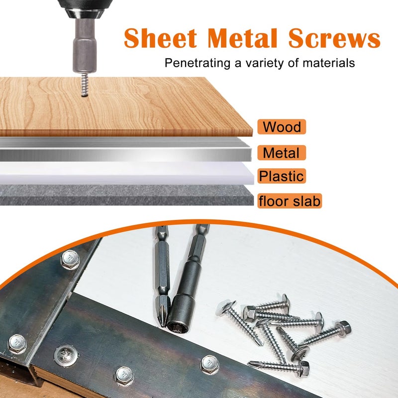 weideer 230pcs #8×1/2" Self Tapping Screws for Metal, 410 Stainless Steel Hex Washer Head Sheet Metal Screws,Quick Tapping Screw with Screwdriver Bit K-132-13-230P-W - Image 5