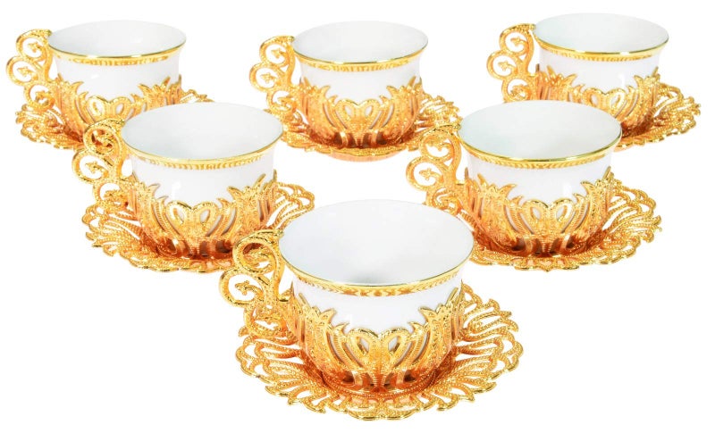 Alisveristime Turkish Coffee Cup Set  White Porcelain And Zinc Metal With Turkish Motifs  6 Cups And Saucers (Gold) - Image 4