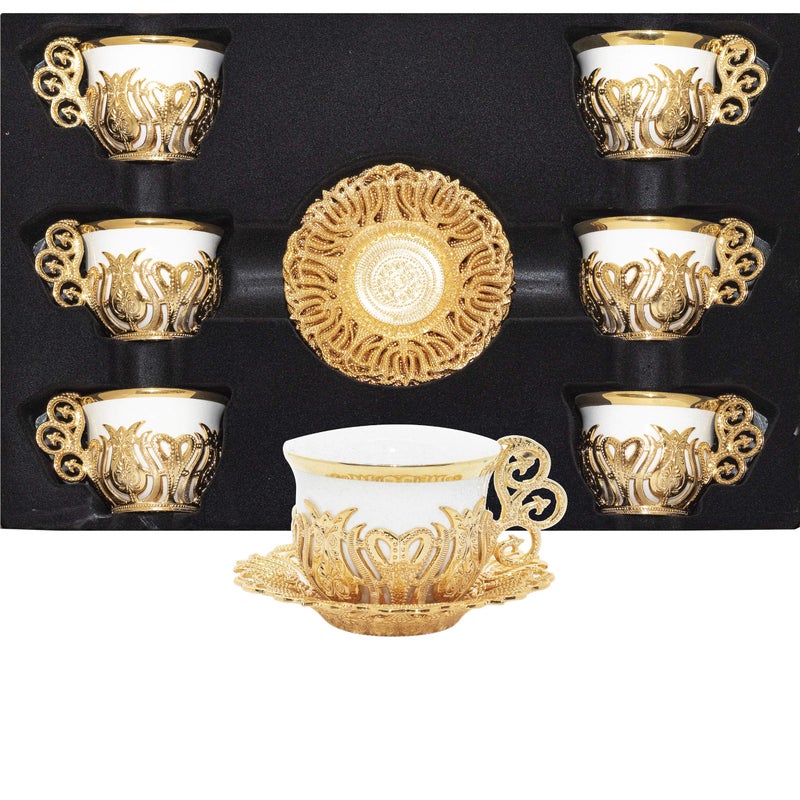 Alisveristime Turkish Coffee Cup Set  White Porcelain And Zinc Metal With Turkish Motifs  6 Cups And Saucers (Gold) - Image 1