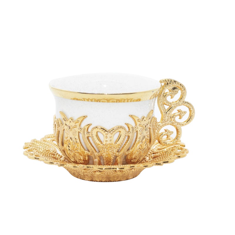 Alisveristime Turkish Coffee Cup Set  White Porcelain And Zinc Metal With Turkish Motifs  6 Cups And Saucers (Gold) - Image 3