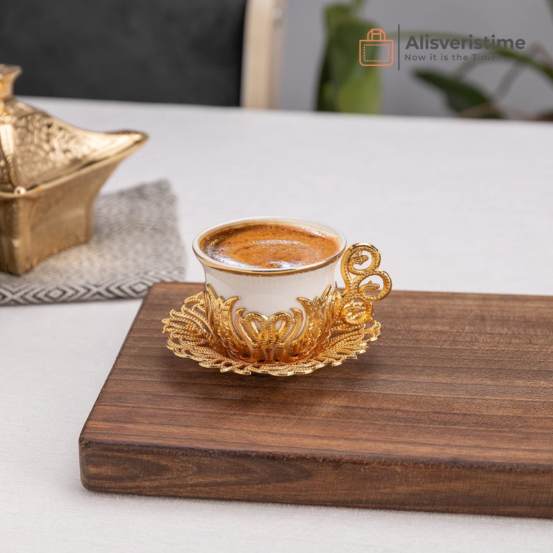 Alisveristime Turkish Coffee Cup Set  White Porcelain And Zinc Metal With Turkish Motifs  6 Cups And Saucers (Gold) - Image 2