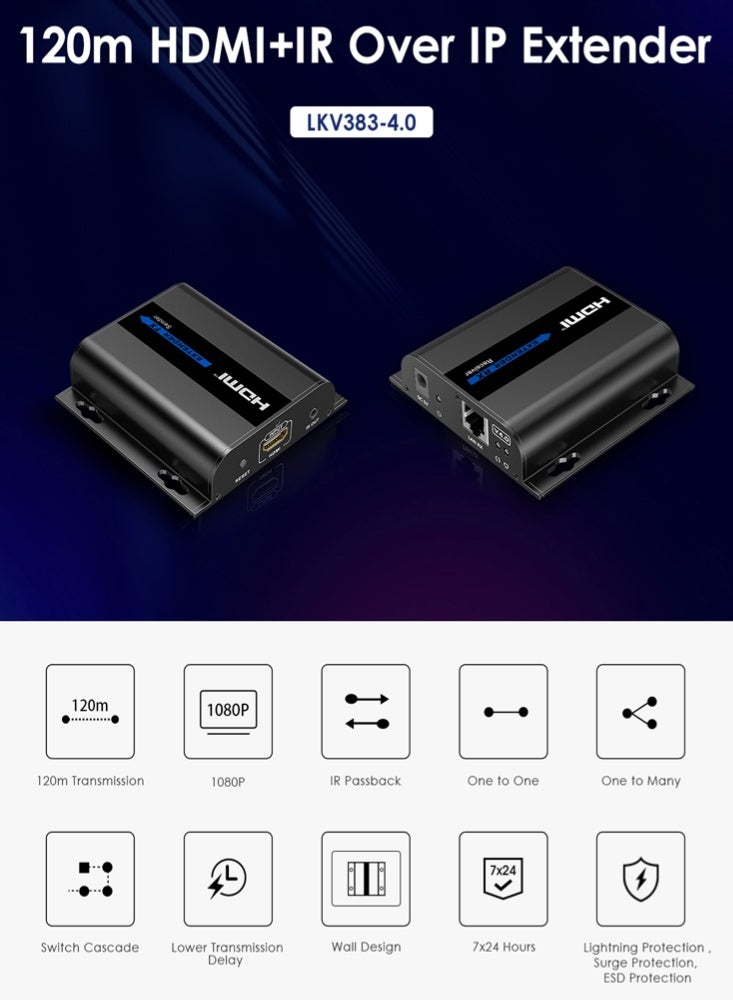 لينكينج ممدد HDMI لمسافة 120 متر عبر CAT6 بدقة 1080p@60Hz بنظام HDMI عبر الشبكة LKV383-4.0 من LENKENG - Image 4