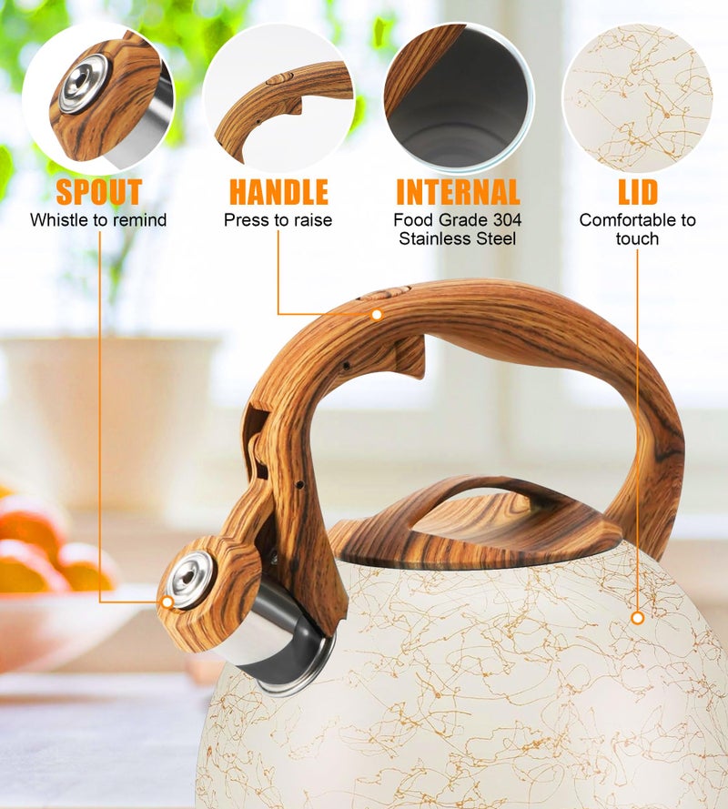 Foedo 3.2 Quart Whistling Tea Kettle Stovetop, Stainless Steel Tea pot with Wood Grain Handle, Loud Whistle Kettle for Boiling Water, Coffee & Milk, Easy-Pour Spout Classic Design (Off-white) - Image 2
