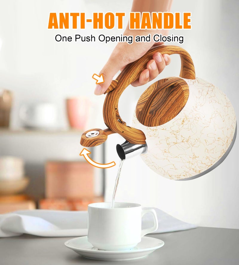 Foedo 3.2 Quart Whistling Tea Kettle Stovetop, Stainless Steel Tea pot with Wood Grain Handle, Loud Whistle Kettle for Boiling Water, Coffee & Milk, Easy-Pour Spout Classic Design (Off-white) - Image 5