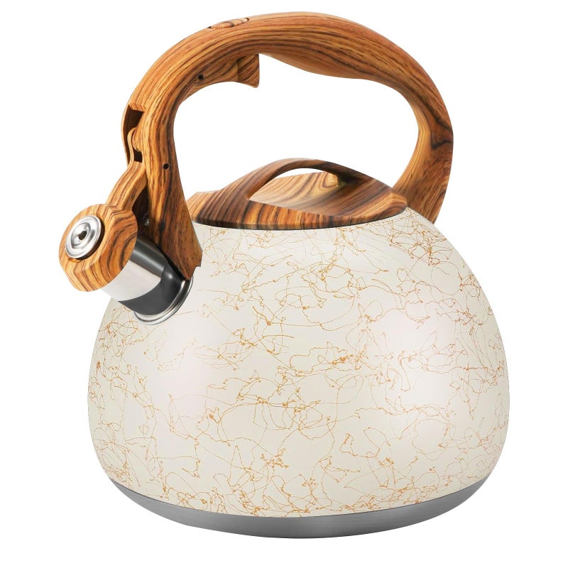 Foedo 3.2 Quart Whistling Tea Kettle Stovetop, Stainless Steel Tea pot with Wood Grain Handle, Loud Whistle Kettle for Boiling Water, Coffee & Milk, Easy-Pour Spout Classic Design (Off-white) - Image 1