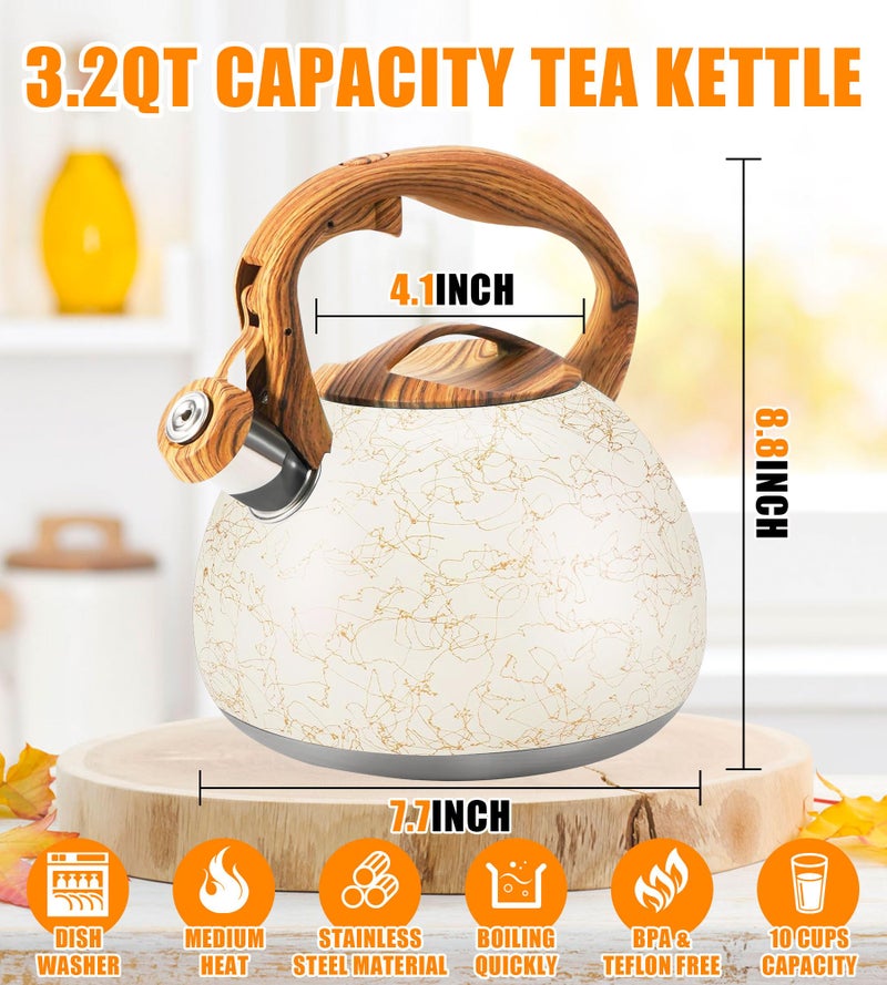 Foedo 3.2 Quart Whistling Tea Kettle Stovetop, Stainless Steel Tea pot with Wood Grain Handle, Loud Whistle Kettle for Boiling Water, Coffee & Milk, Easy-Pour Spout Classic Design (Off-white) - Image 4