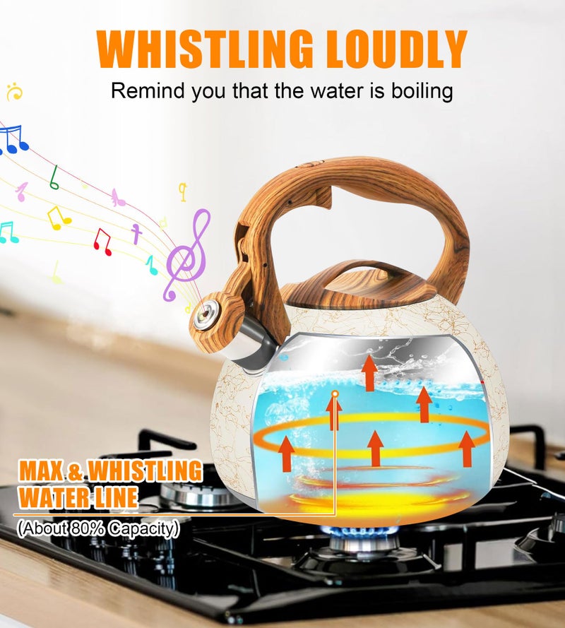 Foedo 3.2 Quart Whistling Tea Kettle Stovetop, Stainless Steel Tea pot with Wood Grain Handle, Loud Whistle Kettle for Boiling Water, Coffee & Milk, Easy-Pour Spout Classic Design (Off-white) - Image 3