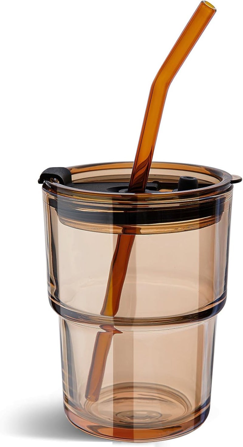 Olvini 13oz Glass Tumbler with Straw and Lid, Reusable Iced Coffee Cup Tumbler, Cute Glass Cups for Water, Matcha, Travel Coffee Mugs (Amber - 13oz) - Image 1