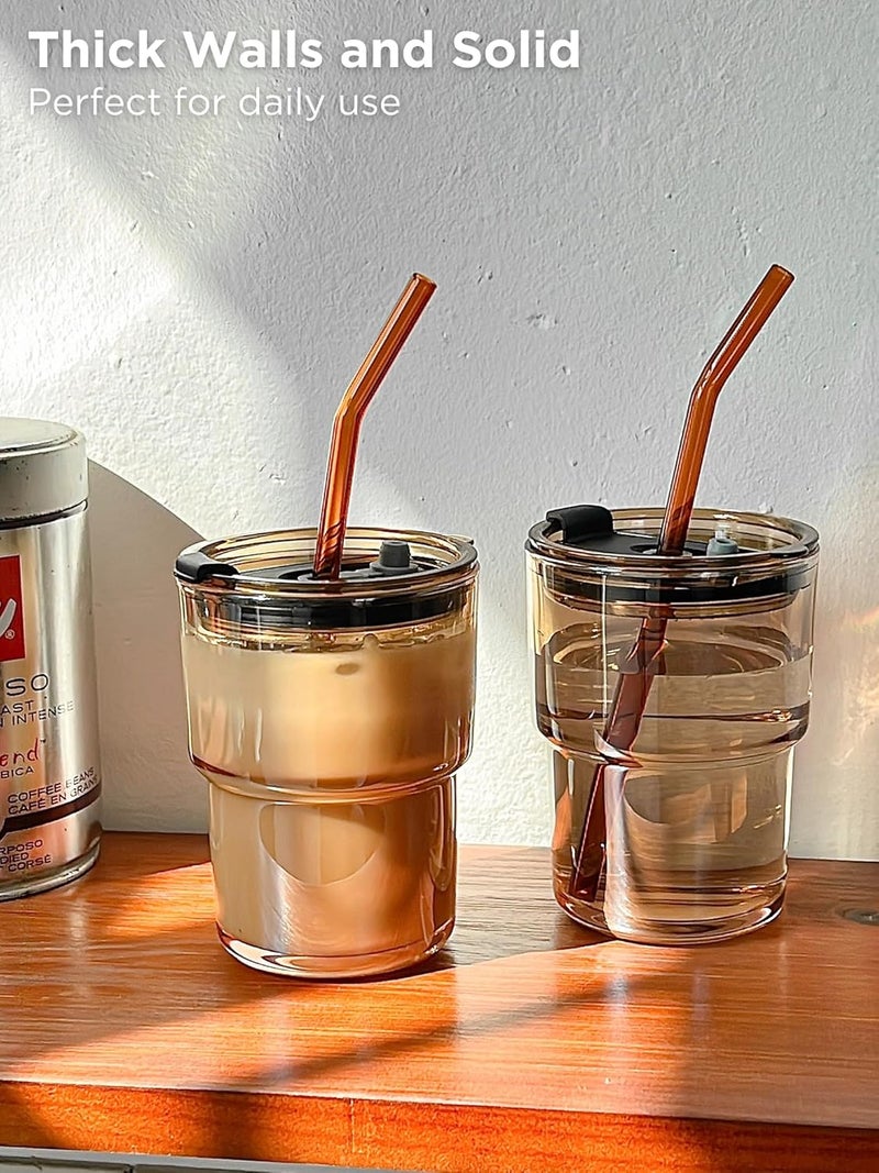 Olvini 13oz Glass Tumbler with Straw and Lid, Reusable Iced Coffee Cup Tumbler, Cute Glass Cups for Water, Matcha, Travel Coffee Mugs (Amber - 13oz) - Image 2