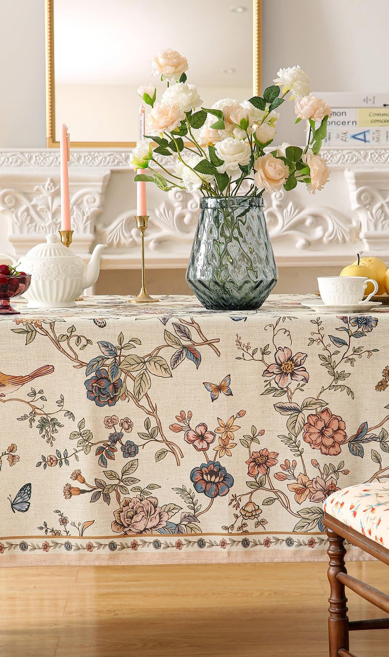 ISAENNE Designer French Light Beige Long Tablecloth Rectangle,Linen Florals and Birds Pattern Table Cloth,Anti-Wrinkle Decorative Tablecloths for Dining Thanksgiving Kitchen,63"*102"-Cornucopia - Image 4