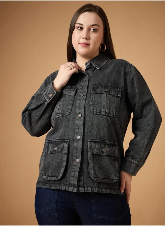 ساسافراس Plus Size Acid Washed Denim Shacket