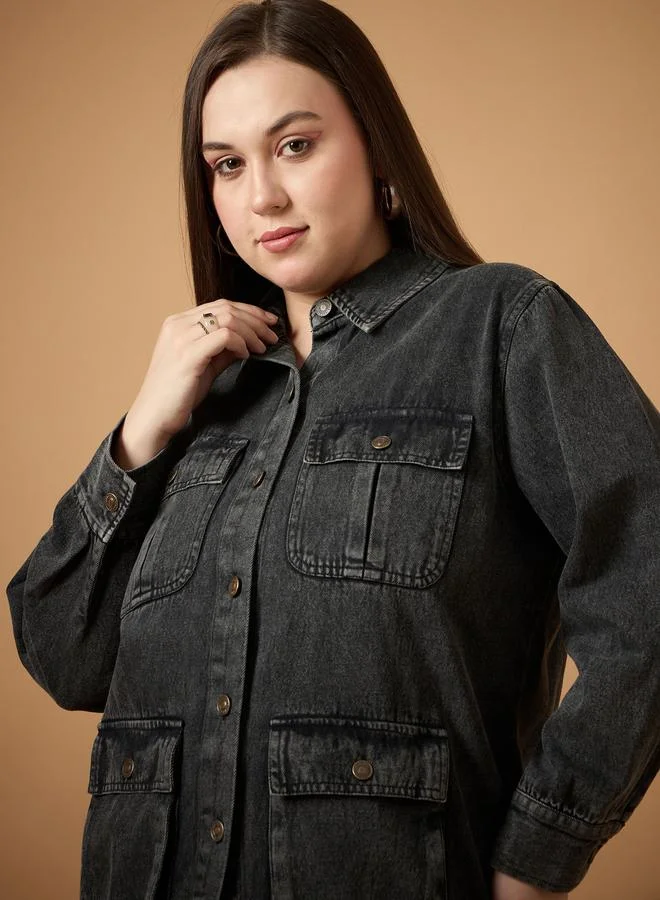 SASSAFRAS SASSAFRAS Plus Size Acid Washed Denim Shacket