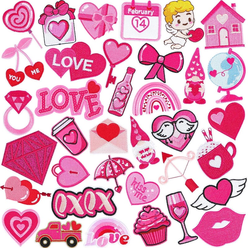 Augsun 36pcs Valentine's Day Iron On Patches Pink Heart Embroidered Sew Applique Repair Patch DIY Crafts for Clothing Jacket Jeans Pants Dress Backpack Hat Decorations - Image 1