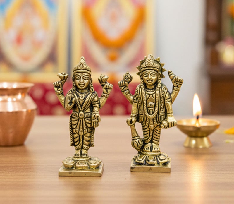 ESPLANADE Brass Lakshmi Narayan Pair - Vishnu with Laxmi Idol Murti Statue Sculpture - 3" Inches | Pooja Idols | Home Decor - Image 1