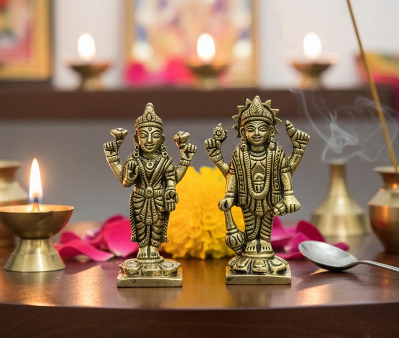 ESPLANADE Brass Lakshmi Narayan Pair - Vishnu with Laxmi Idol Murti Statue Sculpture - 3" Inches | Pooja Idols | Home Decor - Image 2