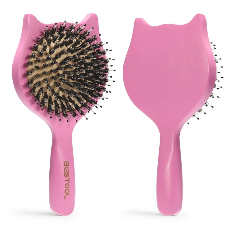 Hair Brush BESTOOL Small Travel Hair Brushes for Women Men or Kids Wooden Toddler Boar Bristle Hair Brush for Detangling Defrizz Distribute Oil Pink