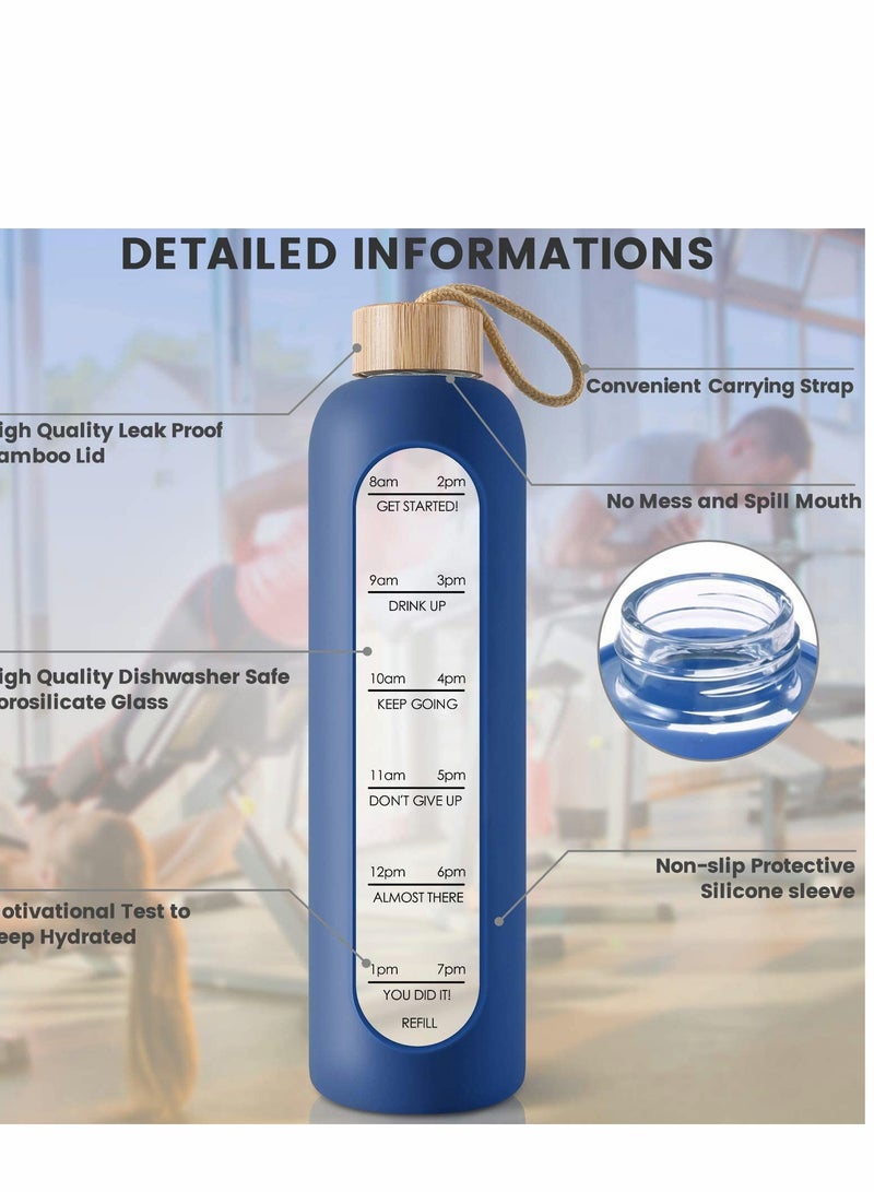 SYOSI 32 Oz Borosilicate Glass Water Bottle with Time Marker Reminder Quotes Leak Proof Reusable BPA Free Motivational Silicone Sleeve and Bamboo Lid - Image 3