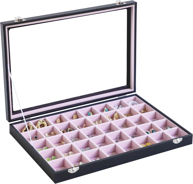Stratalife Jewelry Organizer 40 Grid Pink Black Jewelry Tray with Clear Dust-proof Lid Velvet Earring Organizer Necklace Rings Holder Display Drawer Storage Case for Women - Image 1