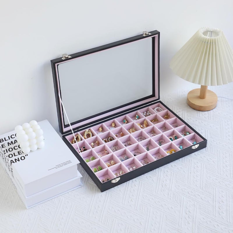 Stratalife Jewelry Organizer 40 Grid Pink Black Jewelry Tray with Clear Dust-proof Lid Velvet Earring Organizer Necklace Rings Holder Display Drawer Storage Case for Women - Image 5