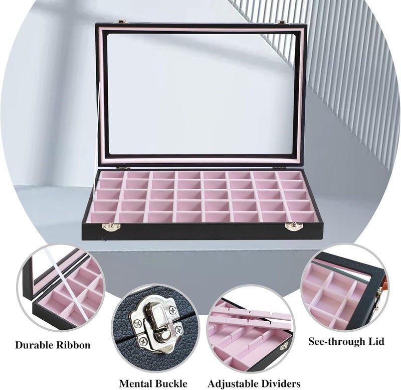 Stratalife Jewelry Organizer 40 Grid Pink Black Jewelry Tray with Clear Dust-proof Lid Velvet Earring Organizer Necklace Rings Holder Display Drawer Storage Case for Women - Image 2