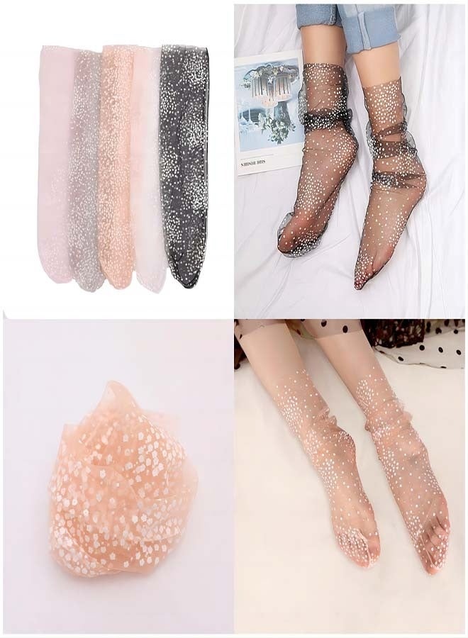 Mesh Lace Socks, 5 Pairs Sheer Mesh Decorated Tulle Socks, Elegant Loose Socks Cute Lace Tulle Socks, Metallic Glitter Stars Tulle Socks Nylon Lace Loose Socks Slouch Socks Thin Lace Ankle Socks - Image 4
