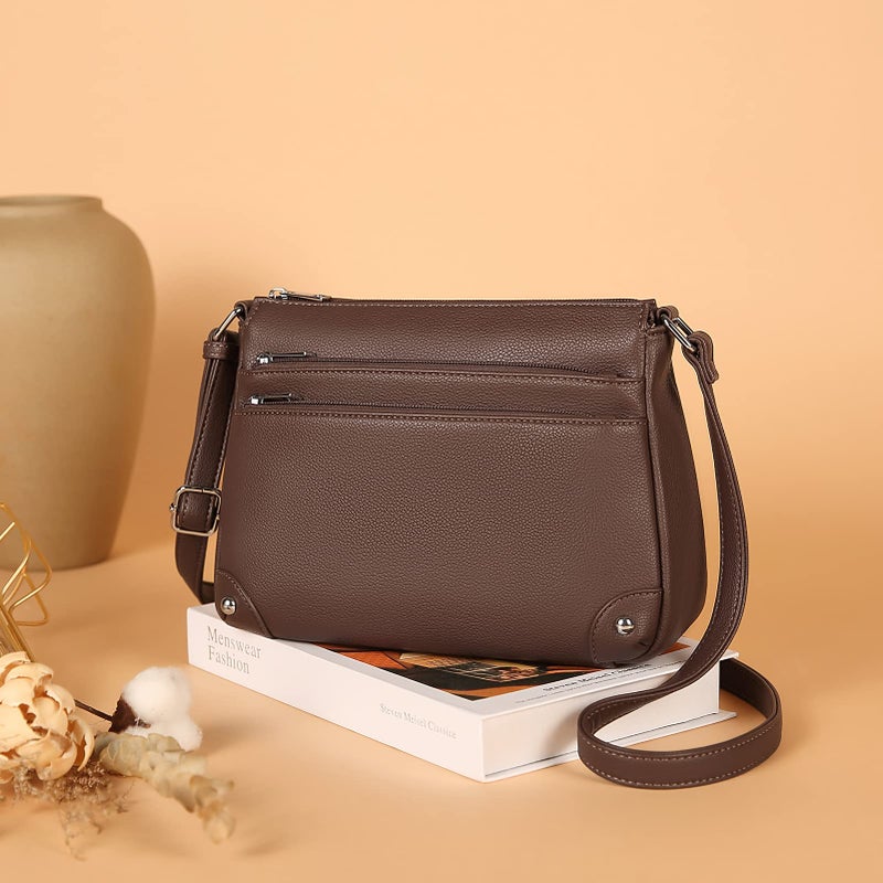 WESTBRONCO Crossbody Bags for Women, Medium Size Shoulder Handbags, Satchel Purse with Multi Zipper Pocket Coffee - Image 2