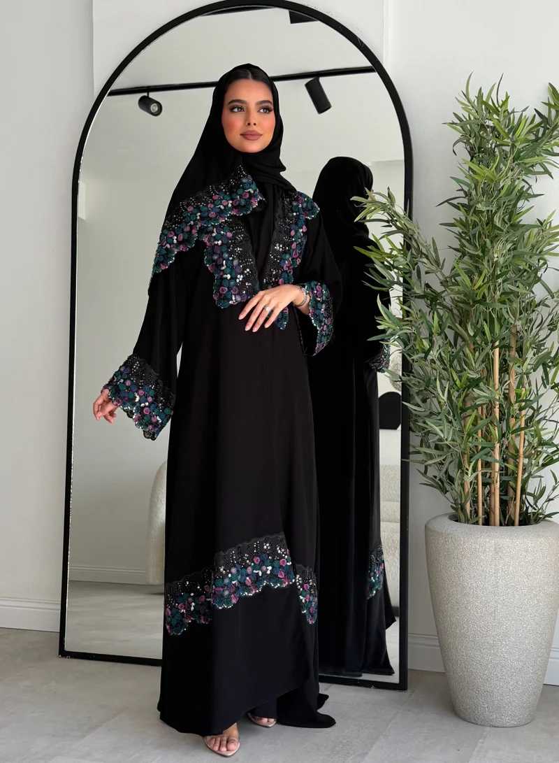 Lusin Abaya Half-Klosh Royal Crepe Abaya with Colorful Floral Embroidery and Luxe Beading