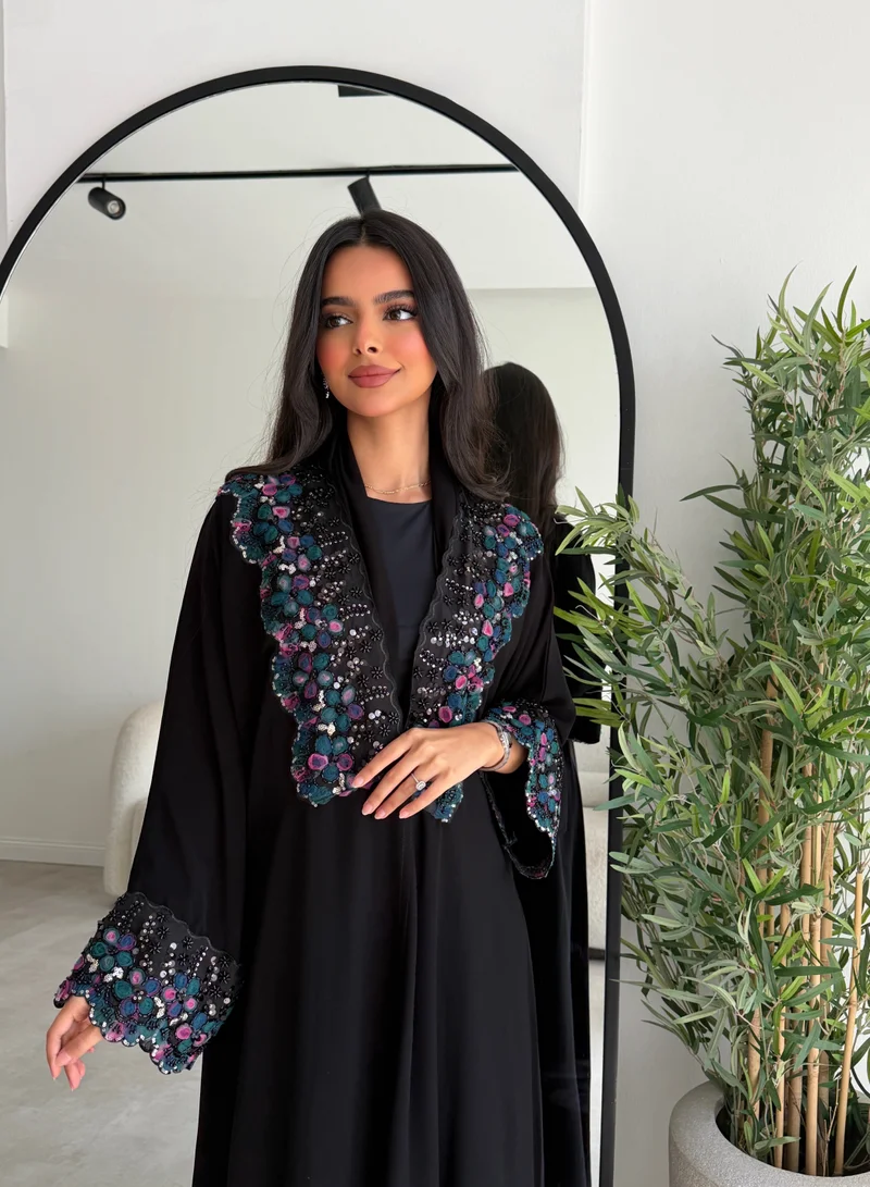 Lusin Abaya Half-Klosh Royal Crepe Abaya with Colorful Floral Embroidery and Luxe Beading