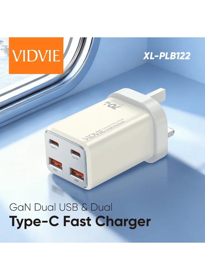 فيديفي شاحن حائط سريع VIDVIE XL-PLB122 بقوة 70 واط GaN مع منفذين Type-C ومنفذين USB-A – مناسب للهواتف والتابلت واللابتوبات - Image 3