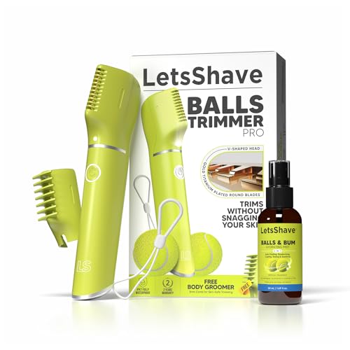 LetsShave ليتسشيف ماكينة تقليم للرجال للأجزاء الخاصة، شفرات 'آر' آمنة للبشرة + رذاذ لمنطقة العانة، وقت تشغيل 90 دقيقة ومقاومة للماء، مزيل شعر العانة للرجال، مقلم للجسم، ماكينة تقليم العانة برو - Image 1