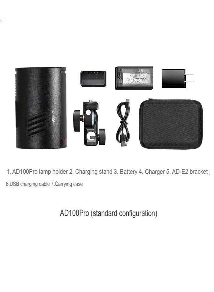 Godox AD100 Pro Pocket Studio Flash Light, High-speed TTL SLR Strobe Light, Rechargeable Battery Photography Light, OLED Screen Portable Photography Flash Light With Built In Wireless X System, (Black) - Image 1