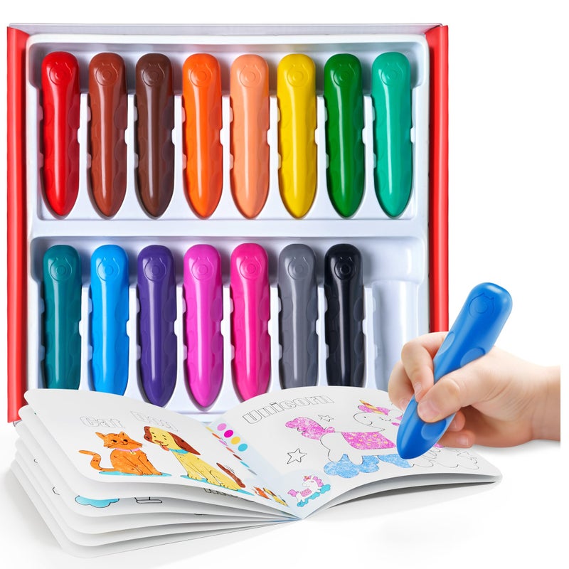 JoyCat 16 Colors Jumbo Crayons for Toddlers 1-3, Washable Triangular Large Crayons for Kids Ages 4-8, Easy-Grip Unbreakable Non-Toxic Art Supplies with Coloring Book, Early Childhood Birthday Gifts - Image 1