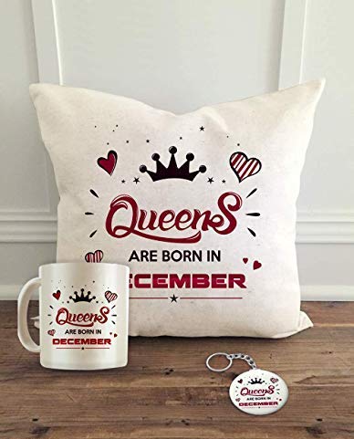 ALDIVO ALDIVO Queens are Born in December Printed Satin Cushion Cover with Filler Printed Mug and Key Ring 12x12inch White Combo Set of 3  - Image 1