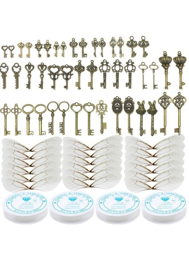 Waybas 46 PCS Antique Bronze Vintage Skeleton Keys Charms Potter Flying Keys Enchanted Key With 50 Pairs Dragonfly Wings and 105 Yards Fishing Line For Jewelry Making Necklace Crafts, Plastic Metal Bronze - Image 1