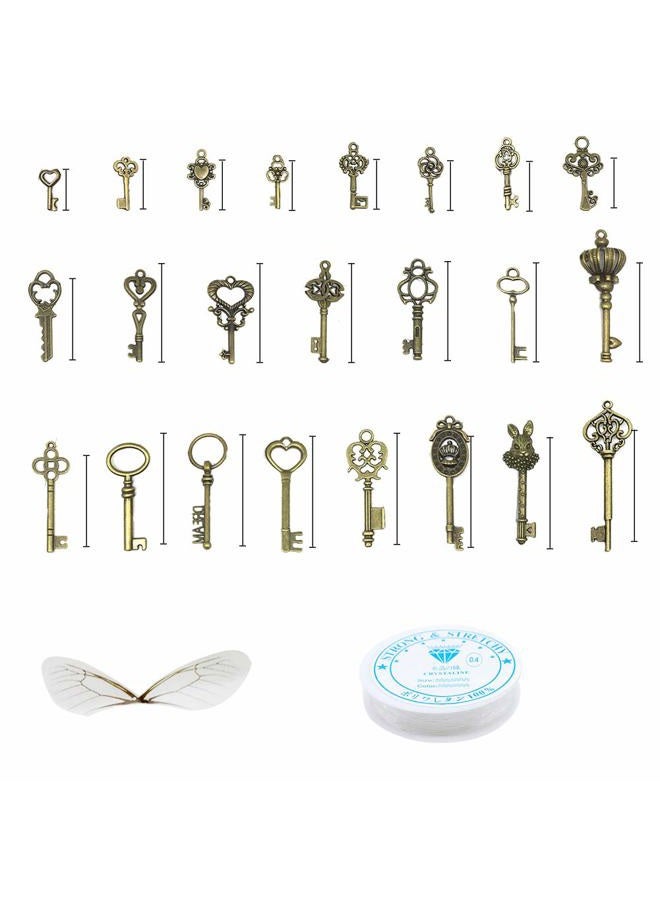 Waybas 46 PCS Antique Bronze Vintage Skeleton Keys Charms Potter Flying Keys Enchanted Key With 50 Pairs Dragonfly Wings and 105 Yards Fishing Line For Jewelry Making Necklace Crafts, Plastic Metal Bronze - Image 2