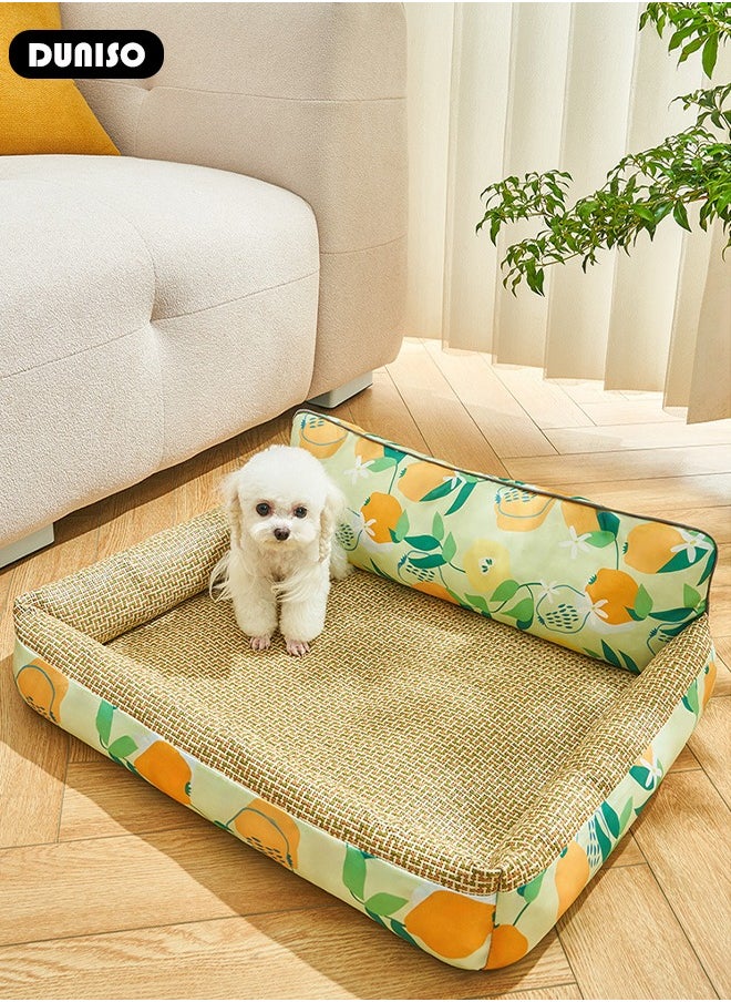 DUNISO - Pet Cooling Bed, Washable Cooling Pets Ice Pad Rattan Mat Nest,Pet Cooling Mats, Pet Ice Pad Bed with Fast Moisture Wicking,Summer Pet Woven Breathable Square Mat Sleeping Pad with Pillow for Dogs Cats - Image 1
