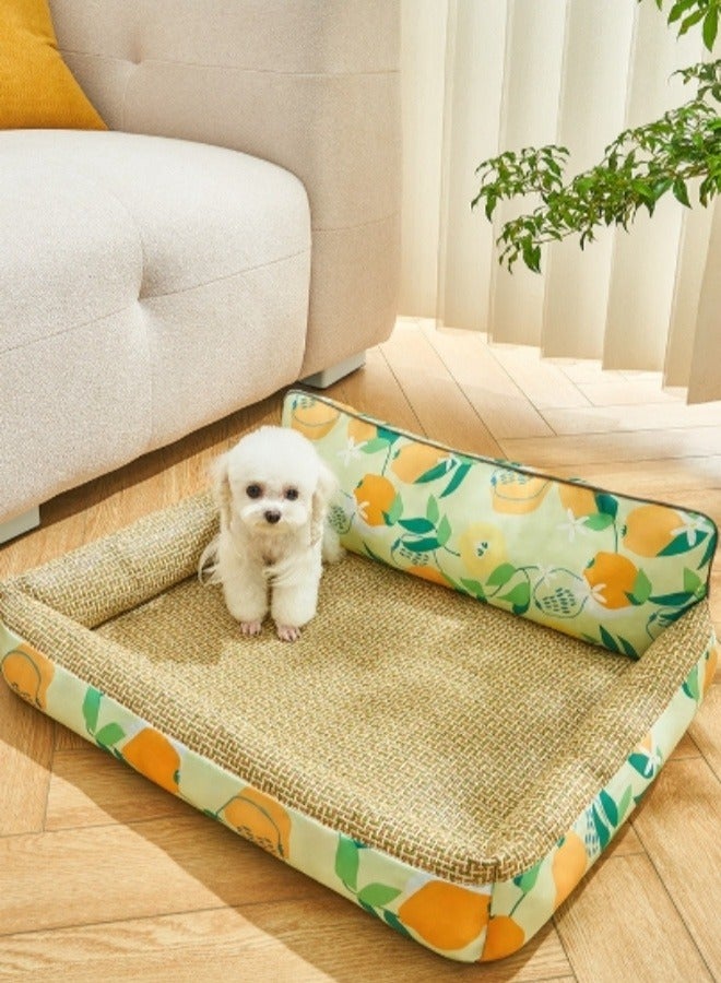 Pet Cooling Bed, Washable Cooling Pets Ice Pad Rattan Mat Nest,Pet Cooling Mats, Pet Ice Pad Bed with Fast Moisture Wicking,Summer Pet Woven Breathable Square Mat Sleeping Pad with Pillow for Dogs Cats