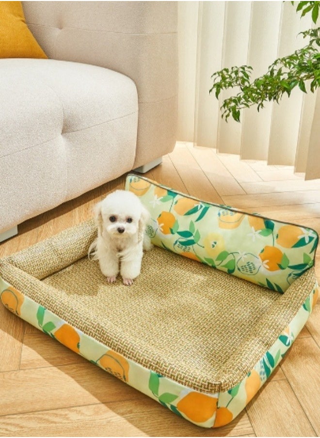 DUNISO - Pet Cooling Bed, Washable Cooling Pets Ice Pad Rattan Mat Nest,Pet Cooling Mats, Pet Ice Pad Bed with Fast Moisture Wicking,Summer Pet Woven Breathable Square Mat Sleeping Pad with Pillow for Dogs Cats - Image 1