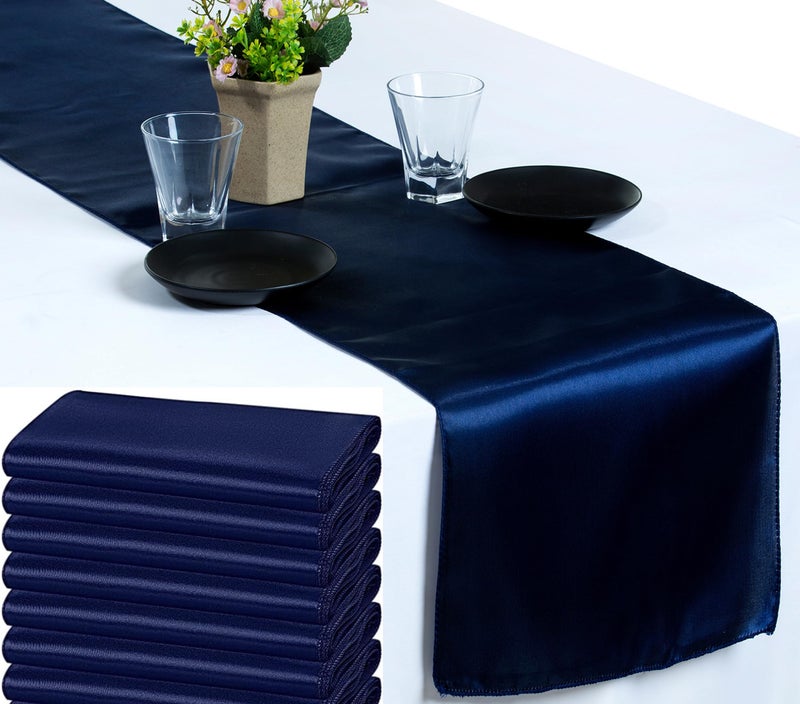 MDS-MEGADECORSUPPLY MDS 10 PCS Satin Table Runners 12 x 108 Inch Charmeuse Sateen Silk Table Runner for Indoor Outdoor Wedding Reception Birthday Graduation Party Event Banquet Dining Table Decoration  Navy Blue 
