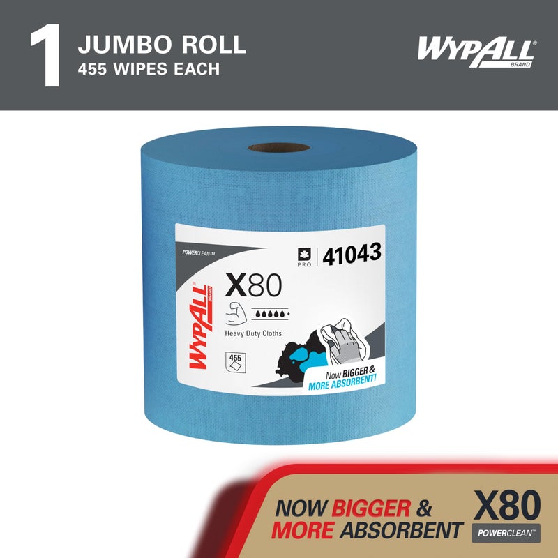 WypAll PowerClean X80 Cloths Heavy Duty Wipes (41043), Jumbo, Extended Use Towels, Blue (1 Roll of 455 Sheets, 455 Sheet Total) - Image 2