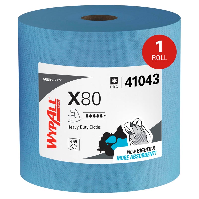 WypAll PowerClean X80 Cloths Heavy Duty Wipes (41043), Jumbo, Extended Use Towels, Blue (1 Roll of 455 Sheets, 455 Sheet Total) - Image 1