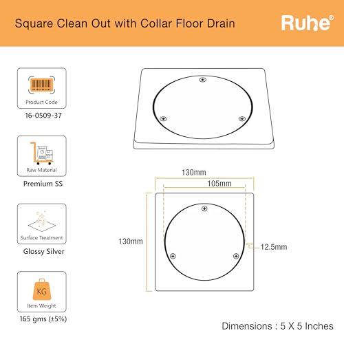 Ruhe® Square Clean Out with Collar Floor Drain (5 x 5 inches) | Stainless Steel Square Clean Out Jali | (Pack of 2) - Image 3