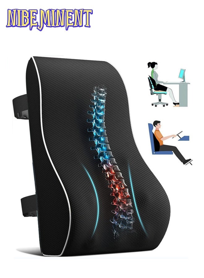 NIBEMINENT Lumbar Support Pillow for Office Chair Back Support Pillow for Car Computer Gaming Chair Recliner Memory Foam Back Cushion for Pain Relief Improve Posture Mesh Cover Double Adjustable Straps Black - Image 1