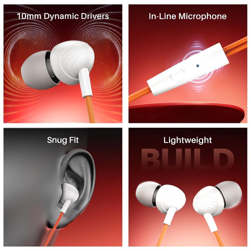 boAt 2025 Launch Bassheads 211 Wired Earphones with 10mm Drivers, Signature Sound, in-Line Microphone, 3.5mm Jack, Voice Assistant & 120cm Cable (Off White Orange) - Image 2