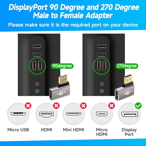 Togconn 8K DisplayPort 1.4 Adapter Flat 90 Degree and 270 Degree Adapter 4 Pack, Right Angle DP Male to Female Vertical Connector Converter DP L Shape Extender, Support 8K@60Hz，4K@144Hz，4K@60Hz，4K@30Hz - Image 2