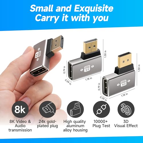 Togconn 8K DisplayPort 1.4 Adapter Flat 90 Degree and 270 Degree Adapter 4 Pack, Right Angle DP Male to Female Vertical Connector Converter DP L Shape Extender, Support 8K@60Hz，4K@144Hz，4K@60Hz，4K@30Hz - Image 3